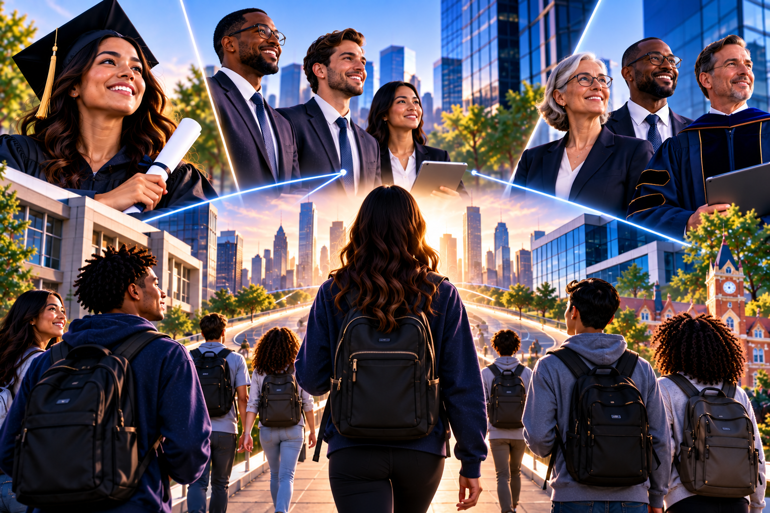 Students transitioning to professional success in a city skyline setting