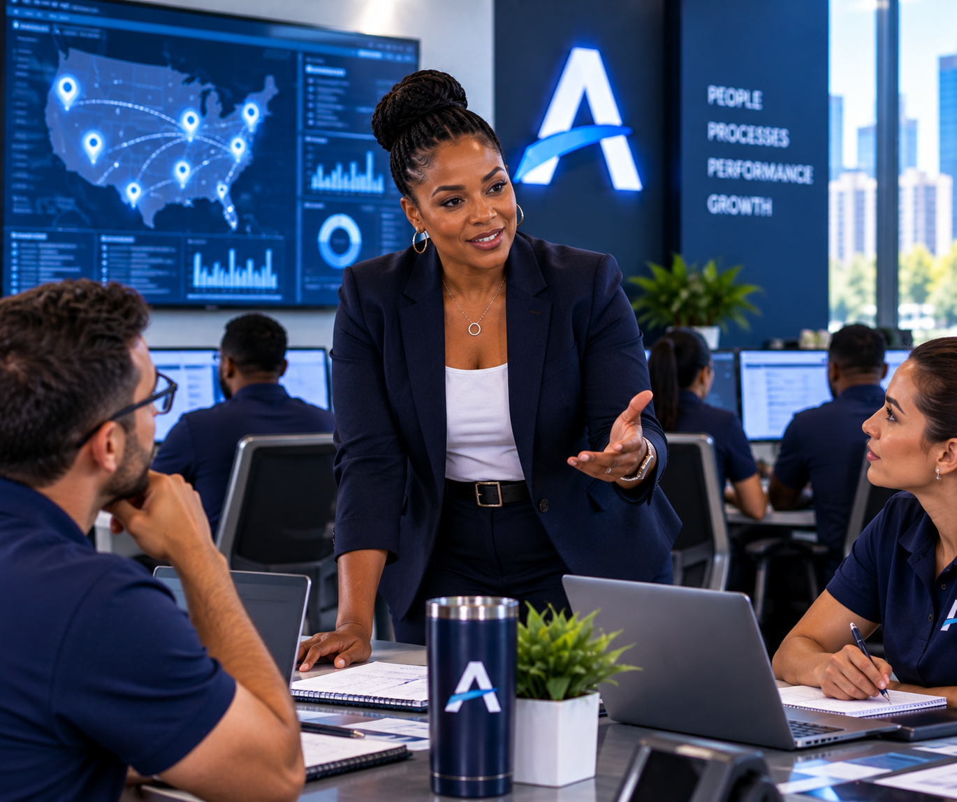 Operations Manager leading a data-driven team meeting at AccessStudents