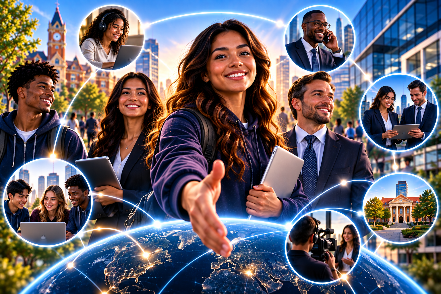 Diverse professionals and students connected through a global network