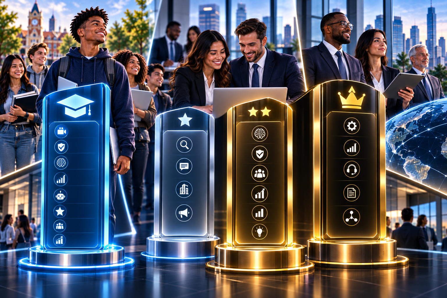 Tiered platform columns representing student, professional, and enterprise levels