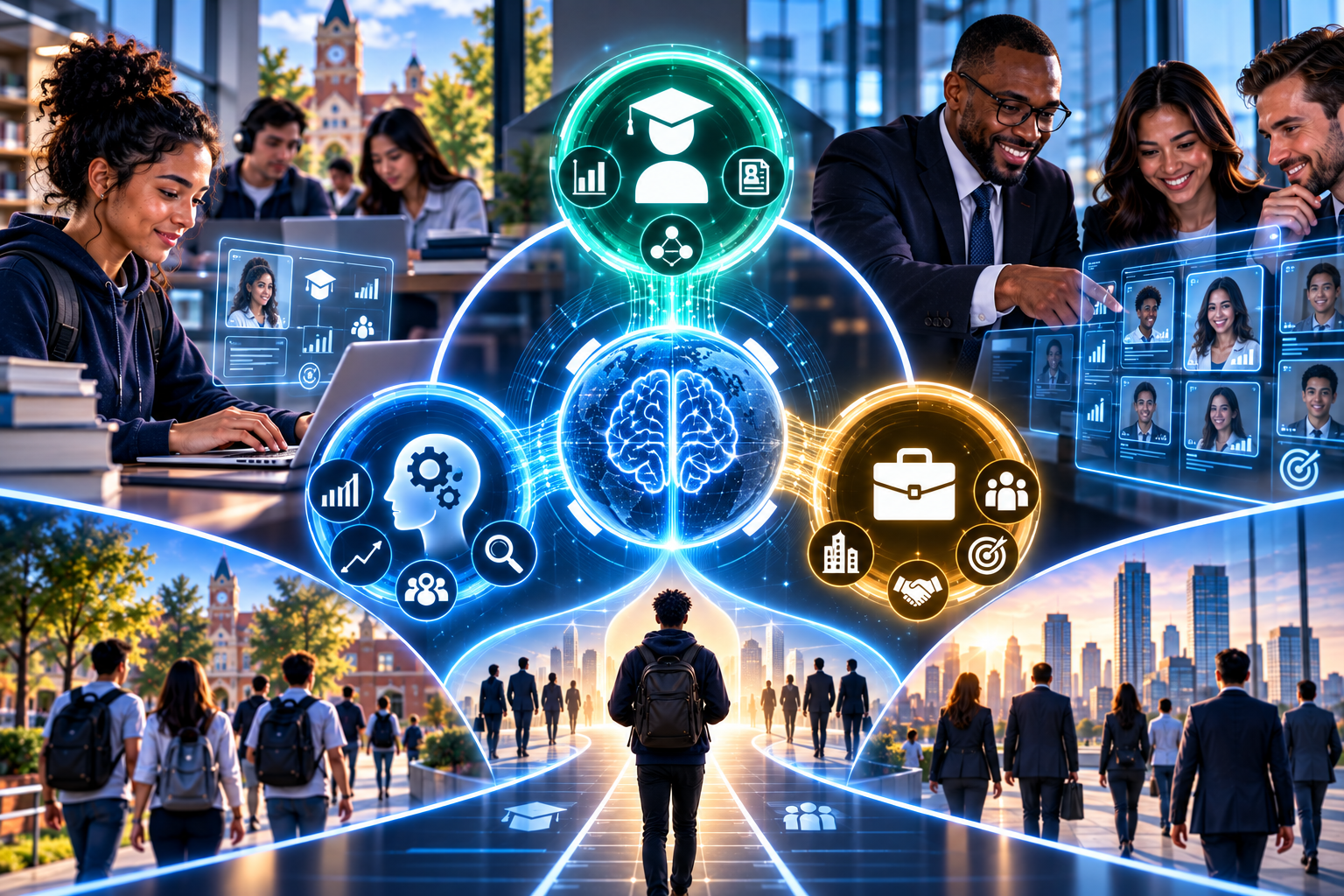 AI-powered workflow system connecting education, AI intelligence, and professional careers