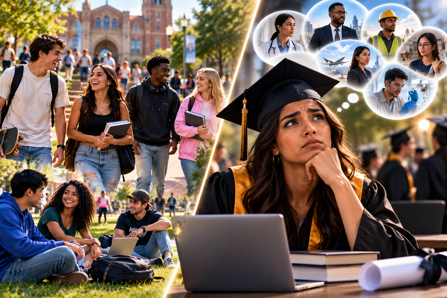 Students enjoying college life while a graduate contemplates career possibilities