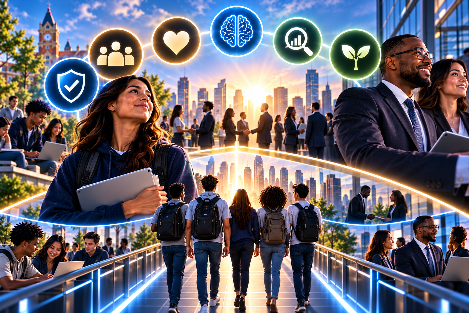 Students and professionals walking toward a city skyline with strategic growth icons