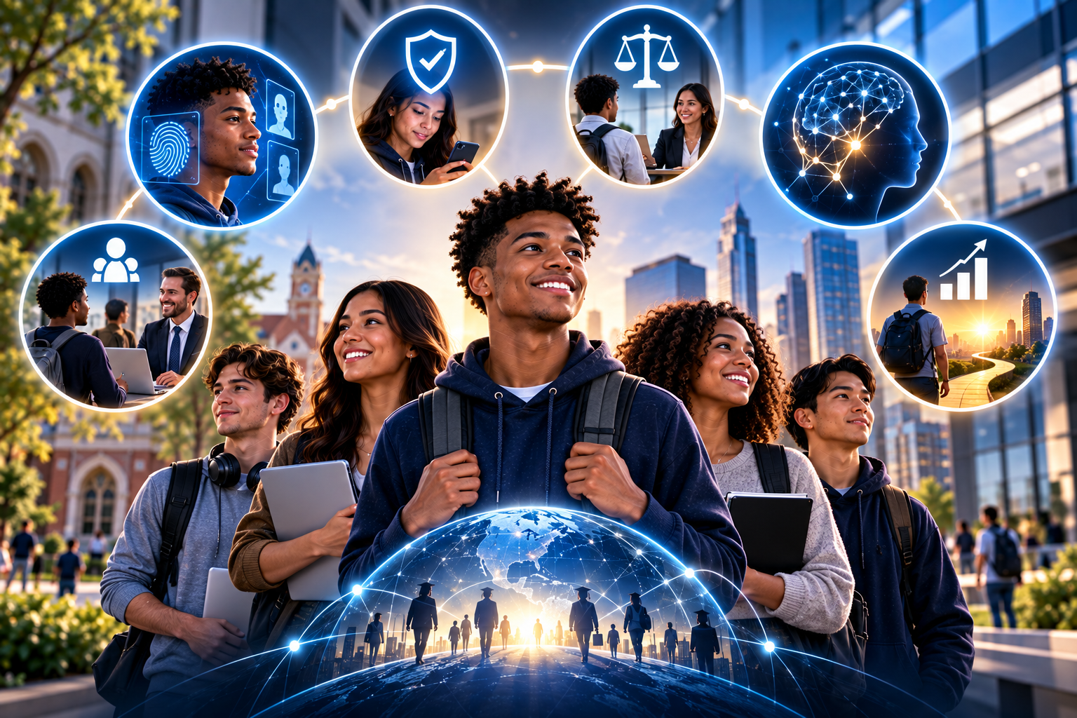 Students with interconnected ecosystem icons representing the 6 pillars of AccessStudents