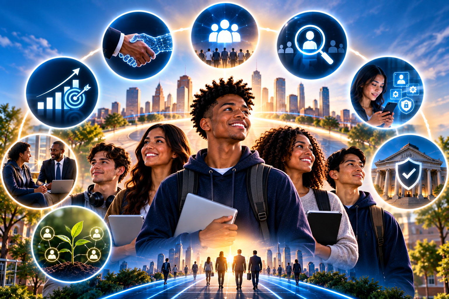 Diverse young adults looking toward a city skyline with career ecosystem icons