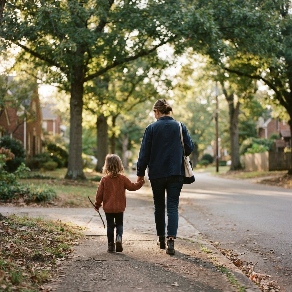 A parent and child walking together