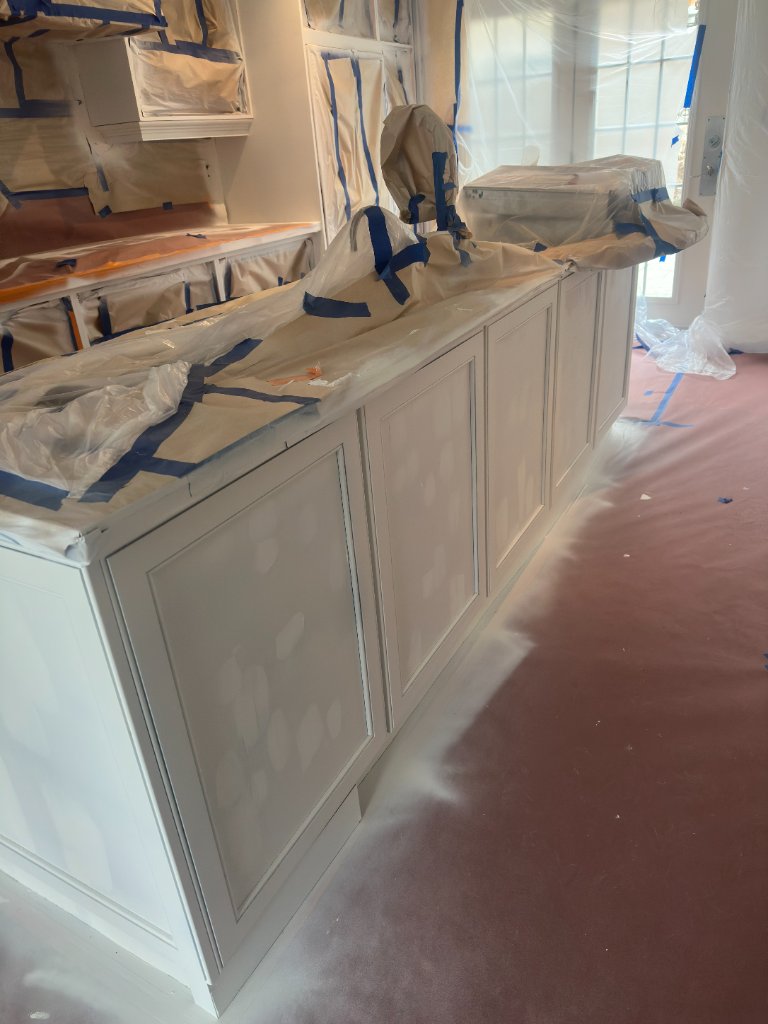 Freshly sprayed kitchen island cabinets