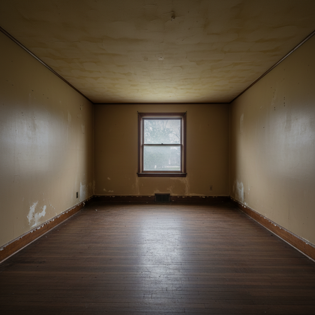 Living room before professional painting — worn walls and dated trim