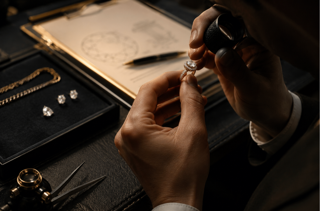 Diamond ring examined under magnification