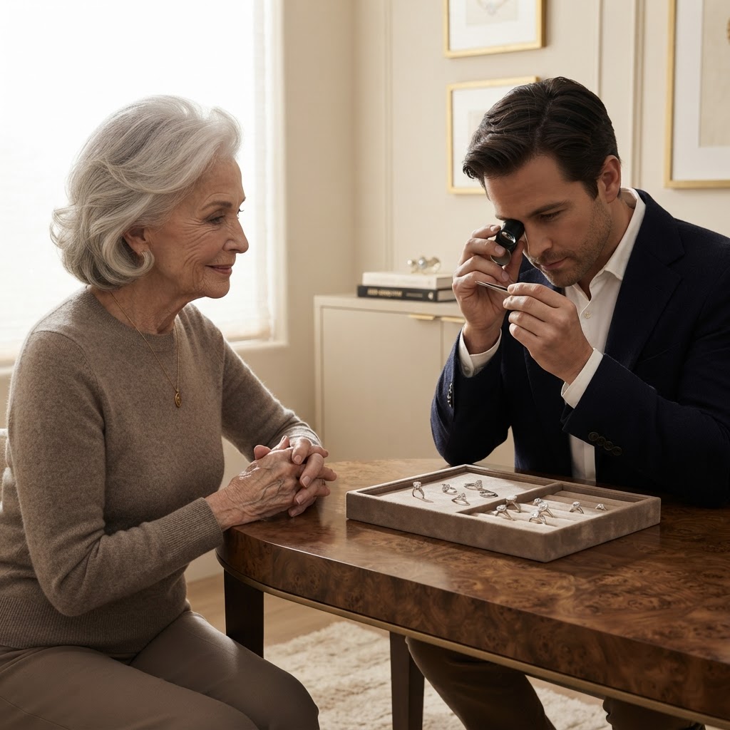 Elderly client meeting privately with a gemologist