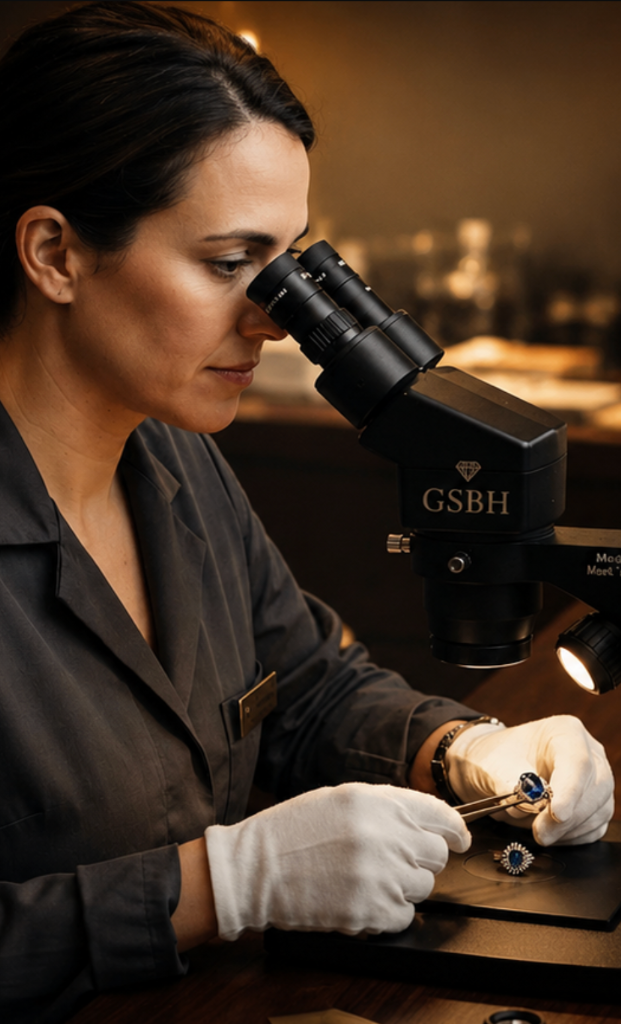 Gemologist examining a colored gemstone under a professional microscope