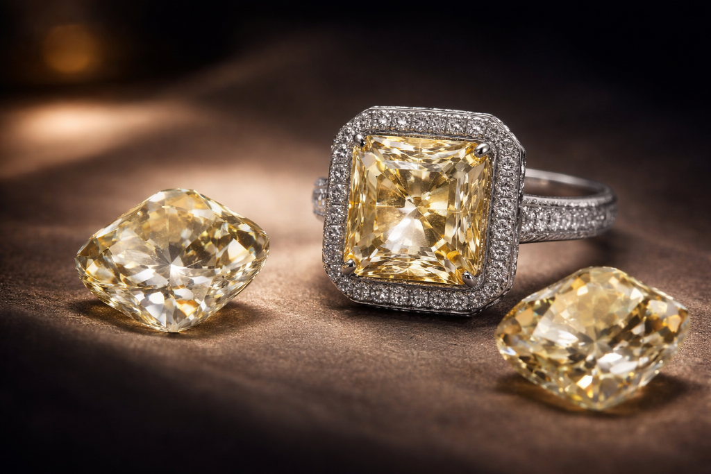 Fancy yellow diamonds and ring