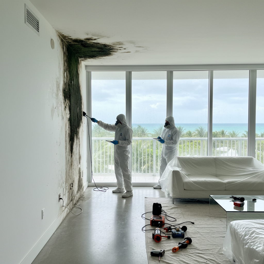 IICRC certified mold remediation technician performing inspection in Miami FL home