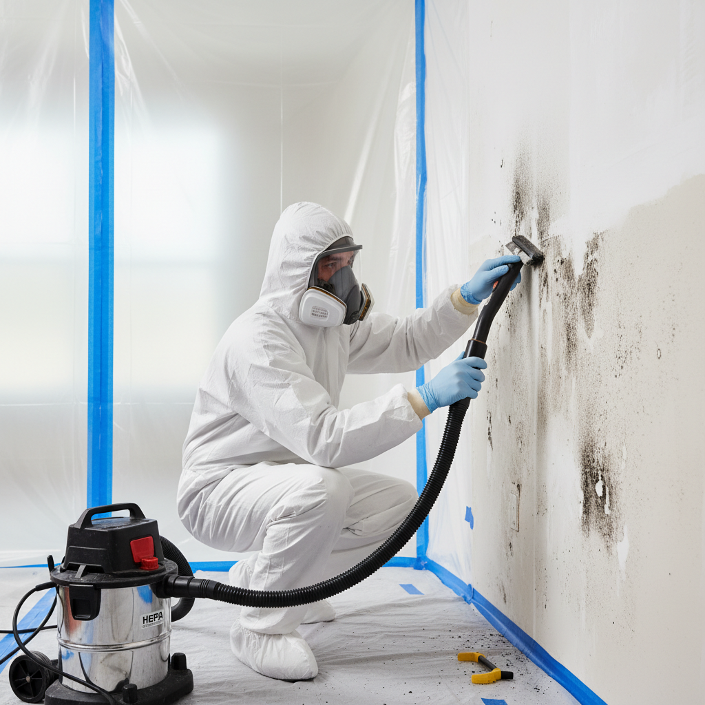 Mold remediation technician working in Hialeah home