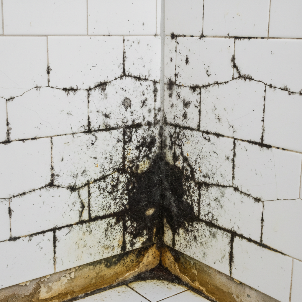 Mold-infested tile grout and subwall