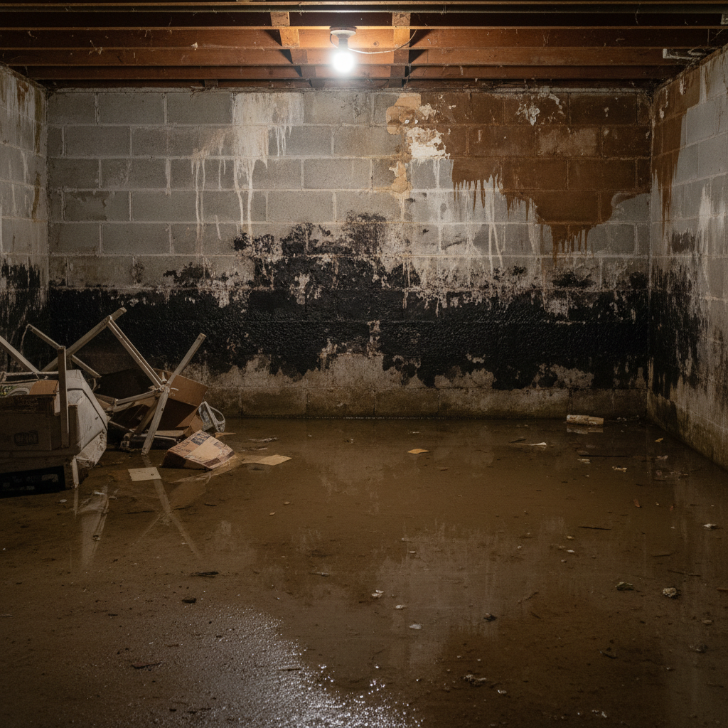 Flooded basement with active mold growth