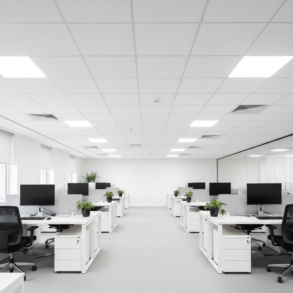 Clean office with new ceiling installation
