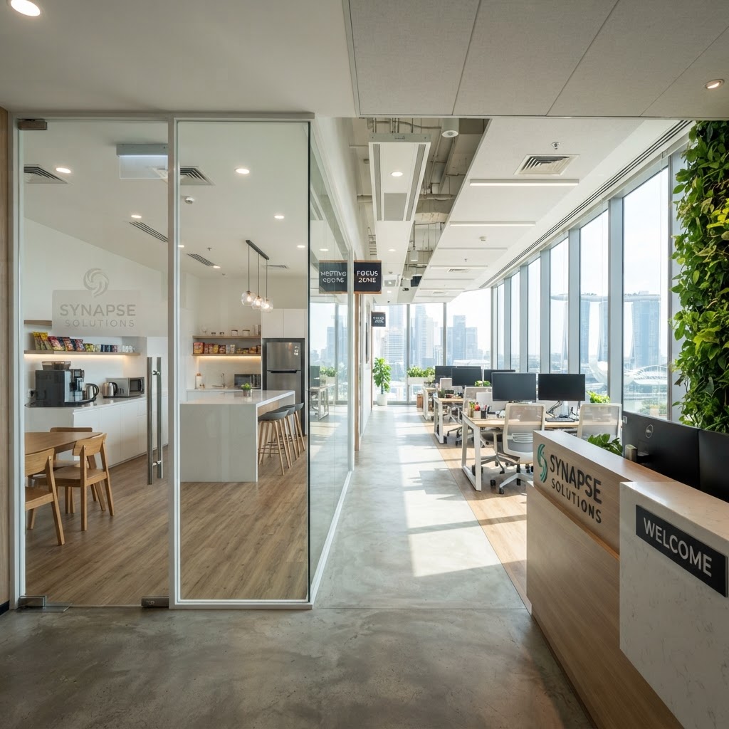 Clean modern office pantry and reception area in Singapore