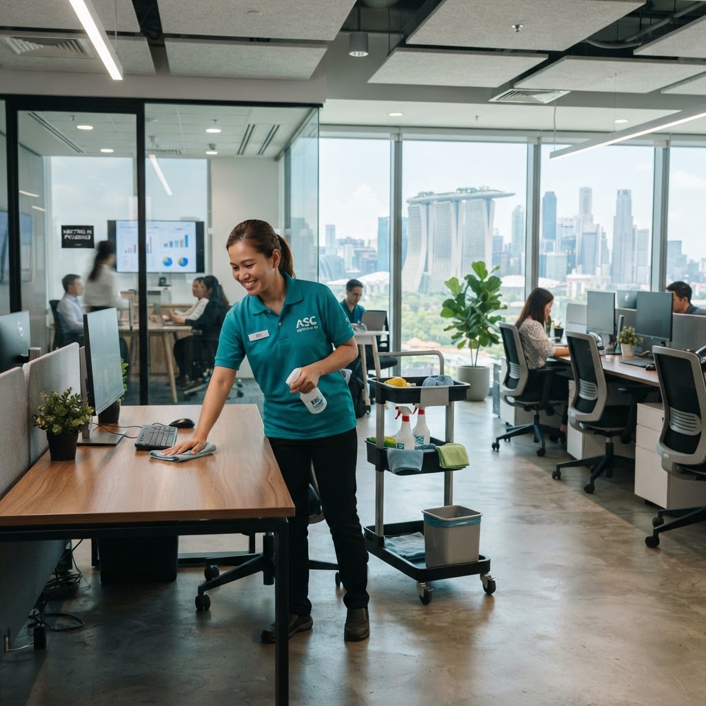 Professional office cleaner cleaning a desk in a modern Singapore office