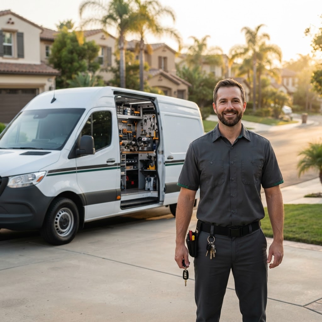 Professional locksmith technician beside a modern service van in Orange County