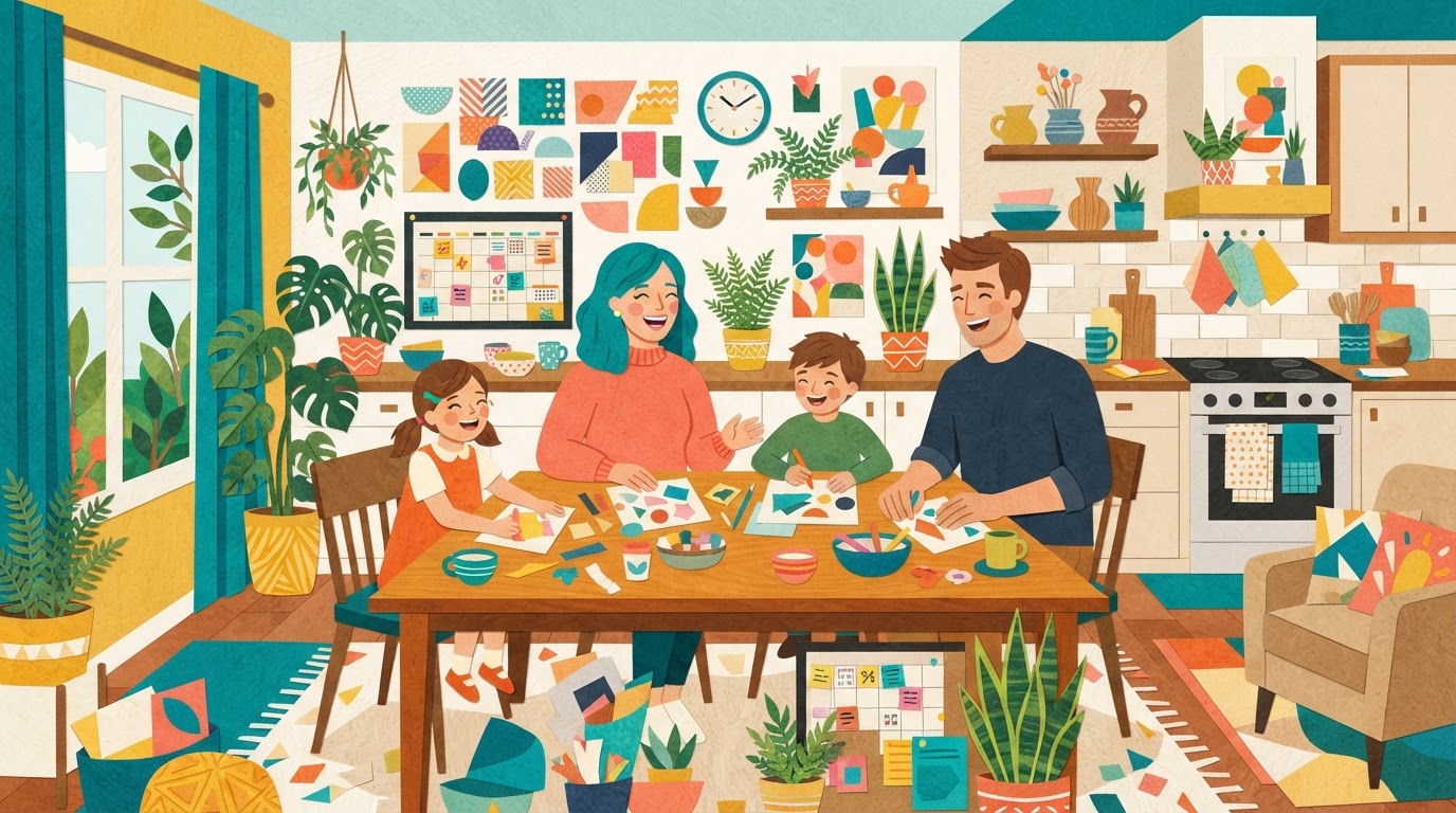 A playful family organising their home together