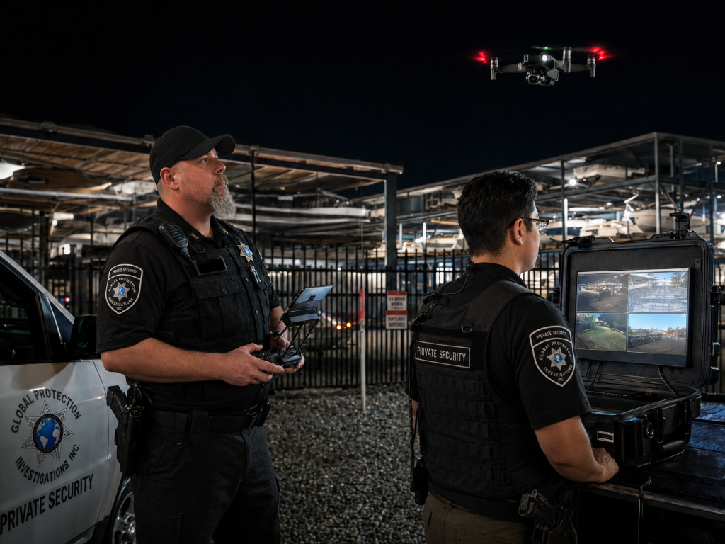 GPI Security drone operators monitoring live aerial surveillance feed of boat storage facility at night in Sacramento