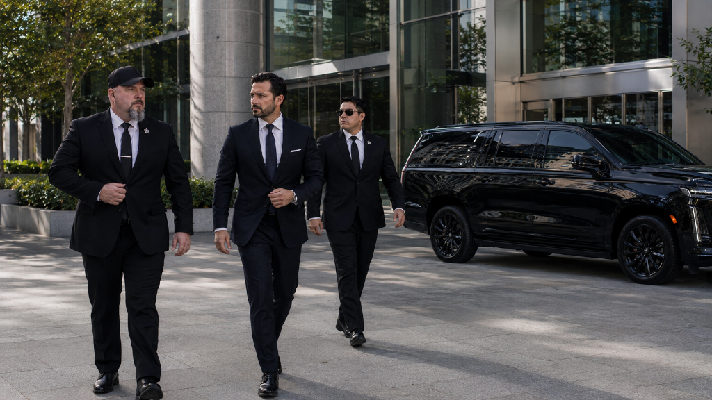 Two GPI executive protection agents in black suits escorting principal past black Cadillac Escalade outside corporate building Sacramento