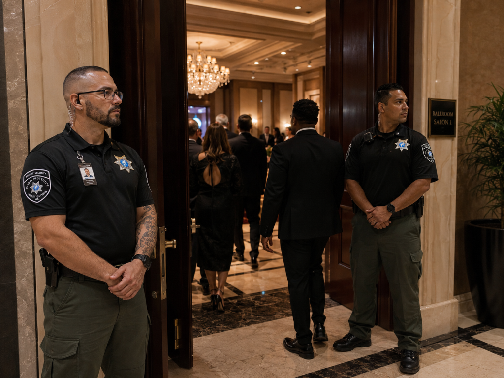 GPI Security officer providing access control and professional presence at ballroom venue entrance in Sacramento