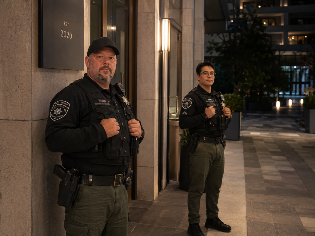 Two GPI armed security officers standing post at night outside commercial building entrance providing after-hours coverage in Sacramento