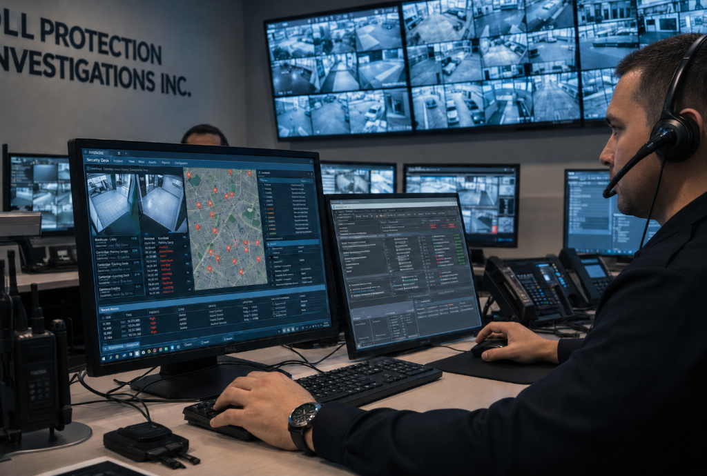 GPI Security operations center operator monitoring live camera feeds