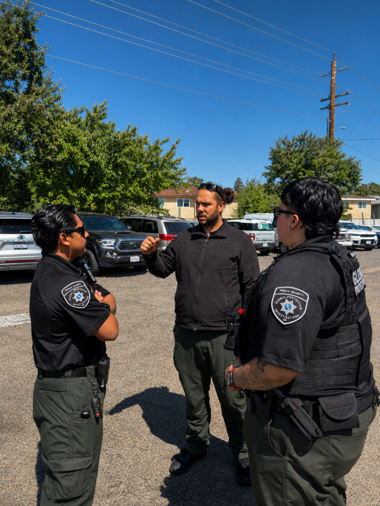 Three GPI Security officers in uniform conducting a briefing beside patrol vehicle in a parking lot during the day in Sacramento