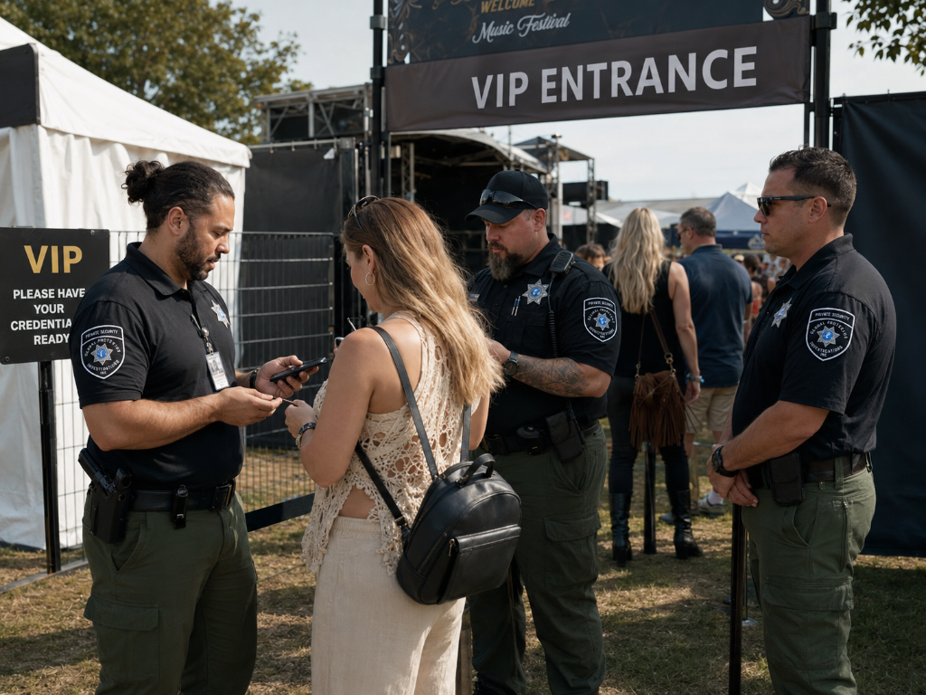 GPI Security officer managing VIP entrance access control and guest list verification at indoor event in Sacramento