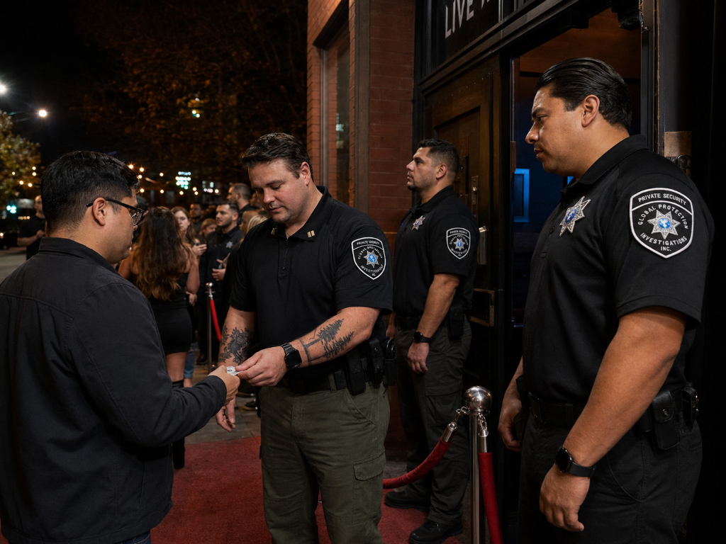 Close-up of GPI Private Security officer badge and uniform patch worn at event in Sacramento