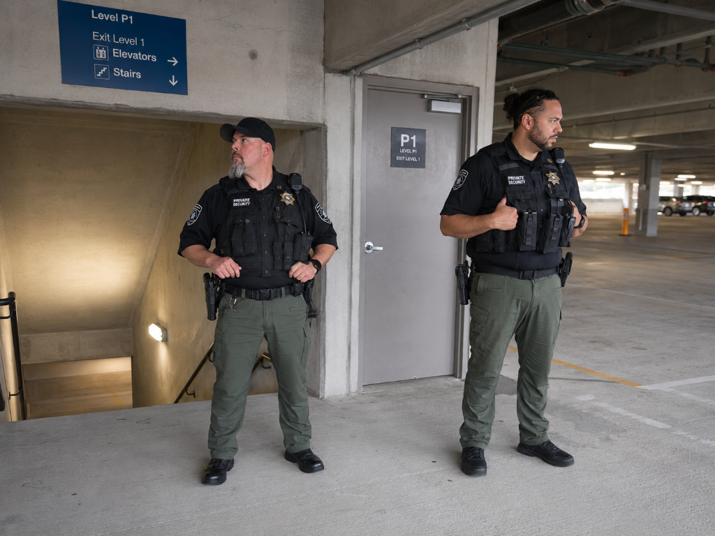 Two GPI armed security officers in tactical vests standing post at Level P1 parking structure stairwell entrance controlling access in Sacramento