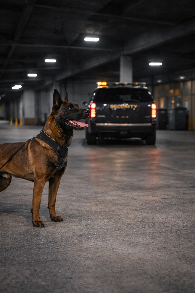 GPI K9 security dog with patrol vehicle