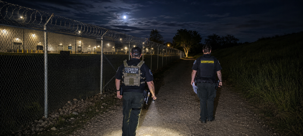 GPI Security officers conducting nighttime perimeter patrol with vehicle — Global Protection & Investigations PPO# 120206