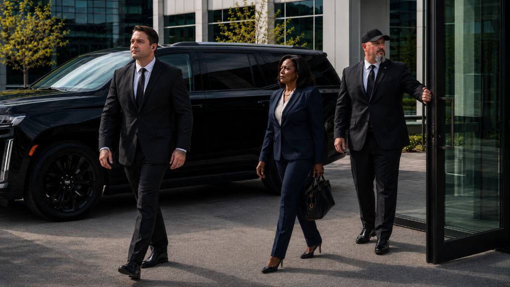GPI executive protection agents escorting female executive client in business suit from black SUV into corporate building Sacramento