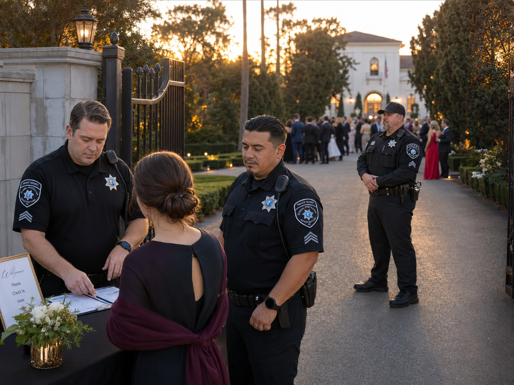 GPI Security officer managing guest check-in and credential verification at indoor event entrance in Sacramento