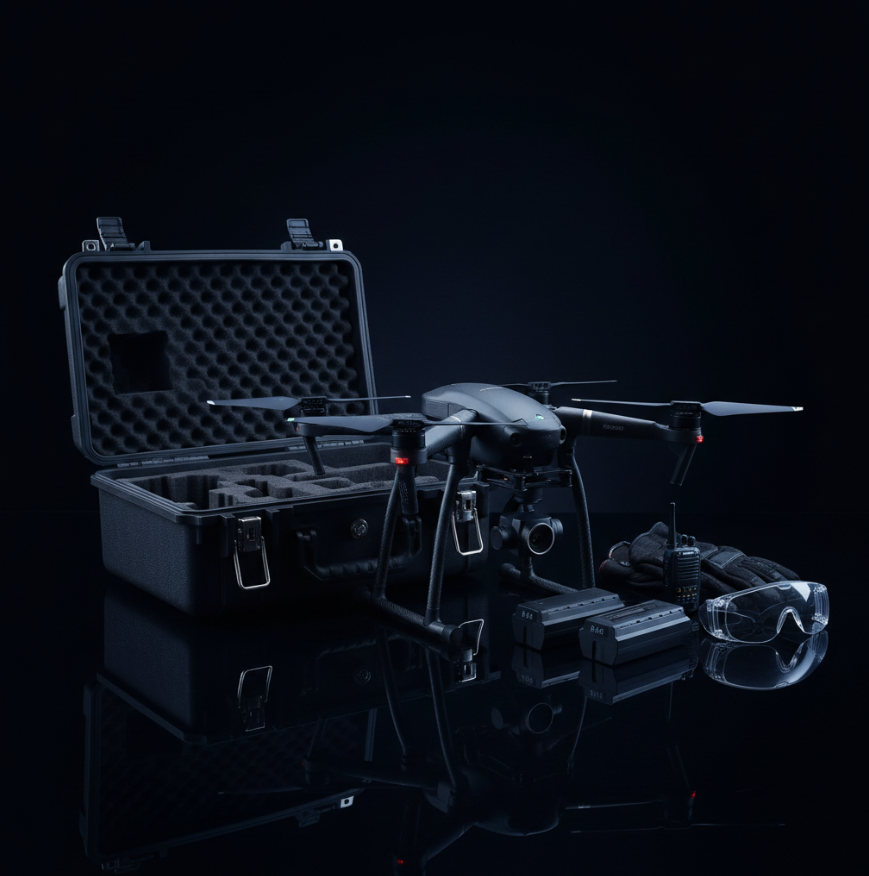 DJI Equipment Kit — full drone, controller, batteries, and safety goggles