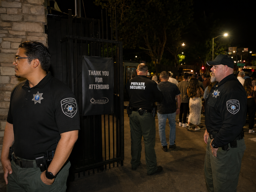 GPI Security officer standing post at event entry point with directional signage and guest flow management in Sacramento