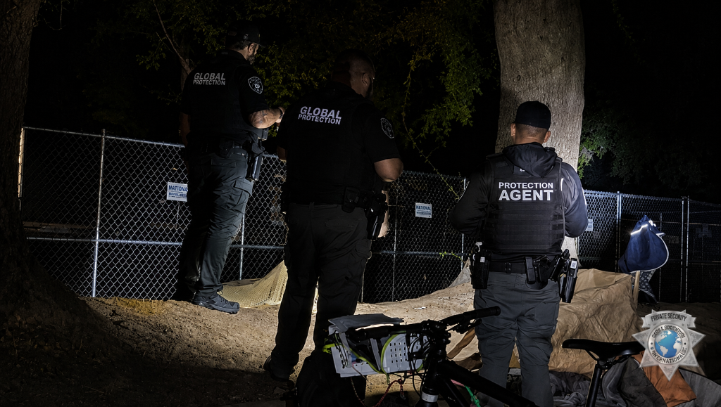 GPI Global Protection agents conducting nighttime field operation at fenced perimeter in Sacramento CA