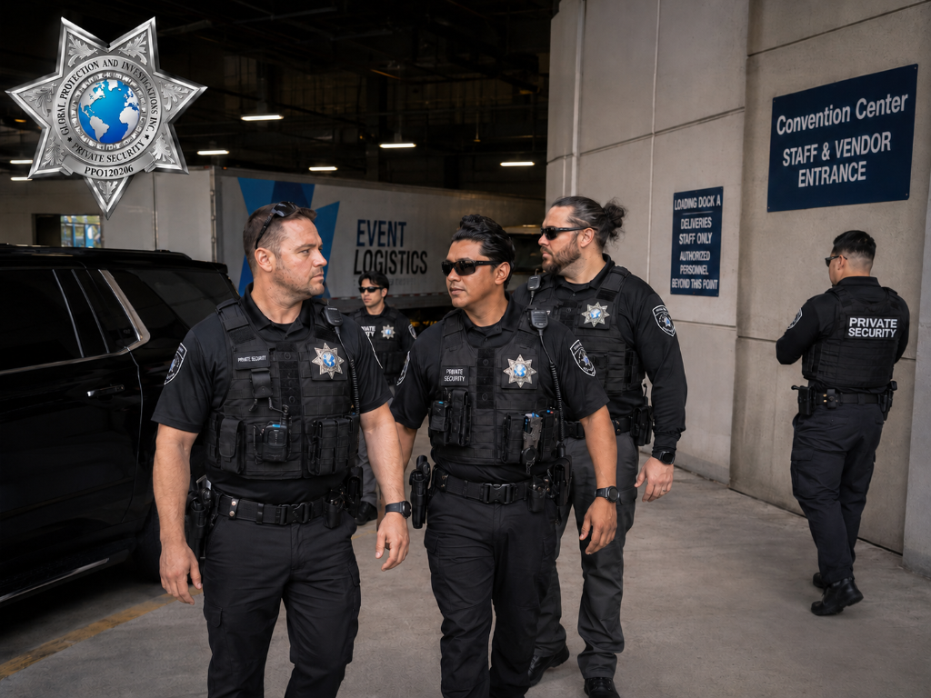 Four GPI Private Security SRT officers in tactical gear walking through Convention Center Staff and Vendor Entrance loading dock in Sacramento