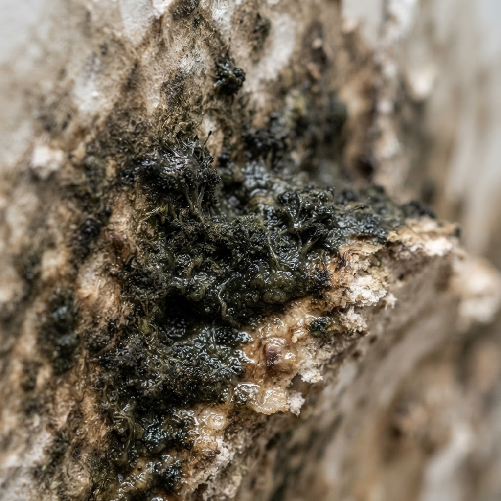 Black mold growth on water-damaged drywall in humid Charleston home