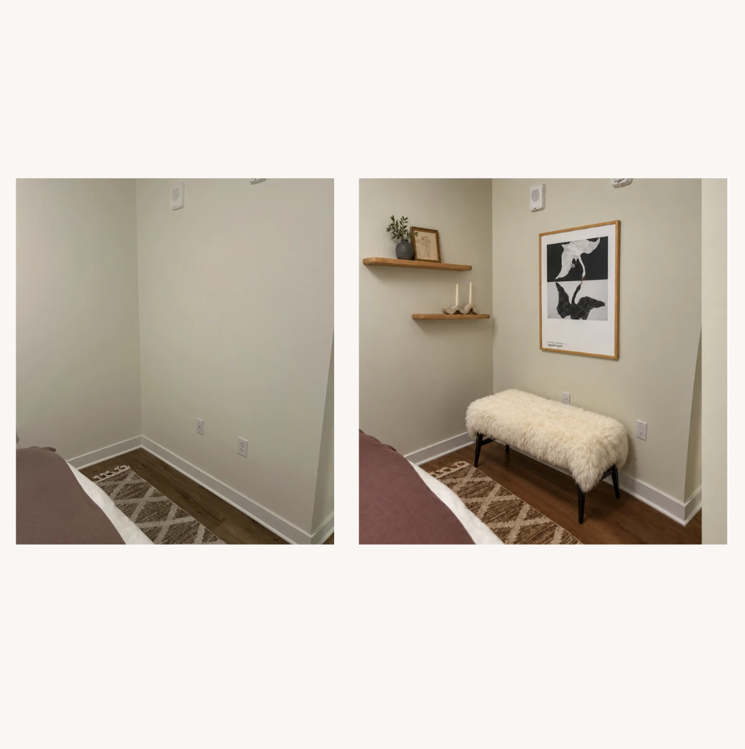 Bedroom: Before on the left, Proposed Design on the right