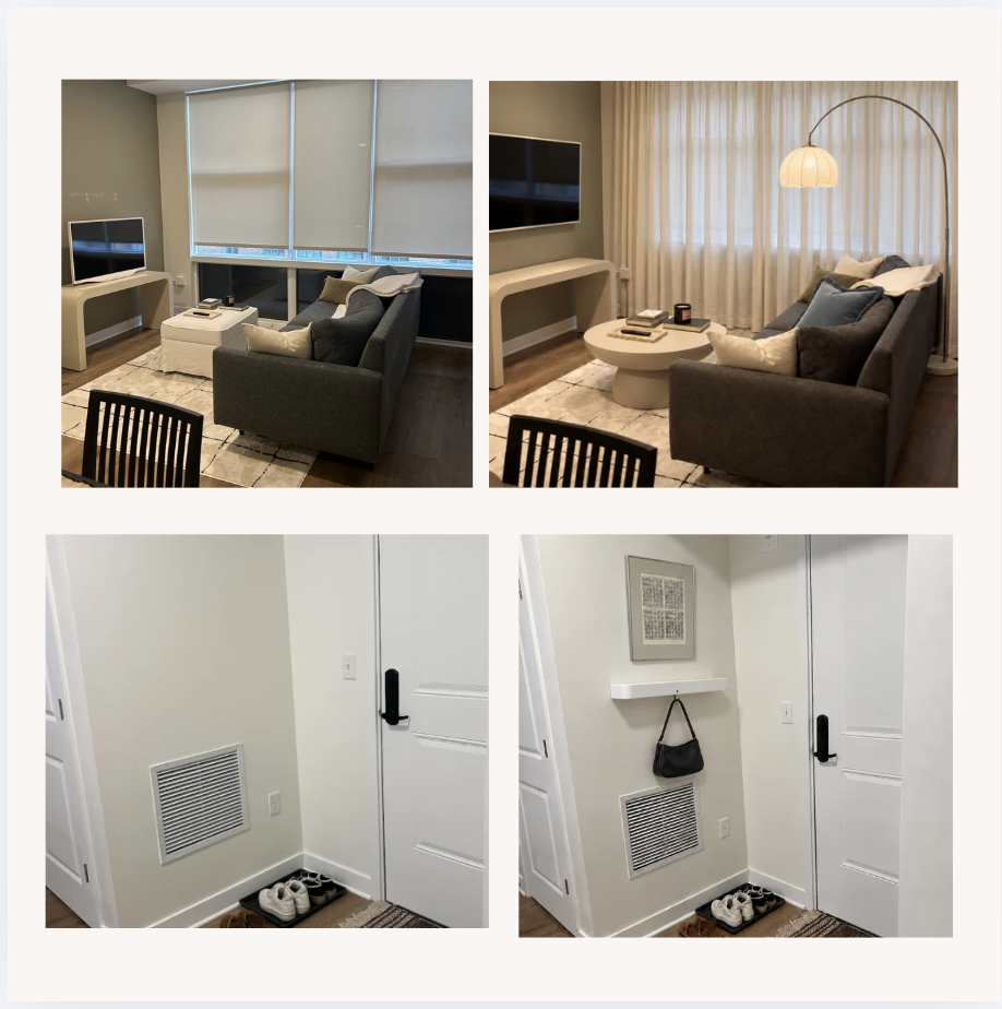 Living room and entryway: Before on the left, Proposed Design on the right