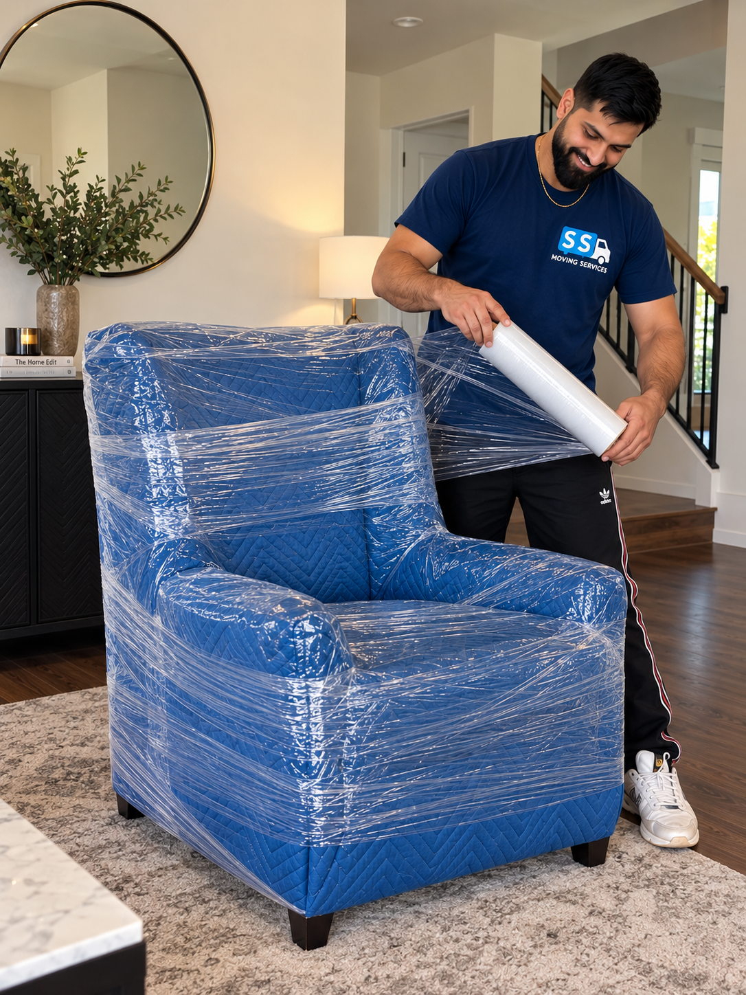 Mover shrink-wrapping an armchair — every piece protected before it leaves the house
