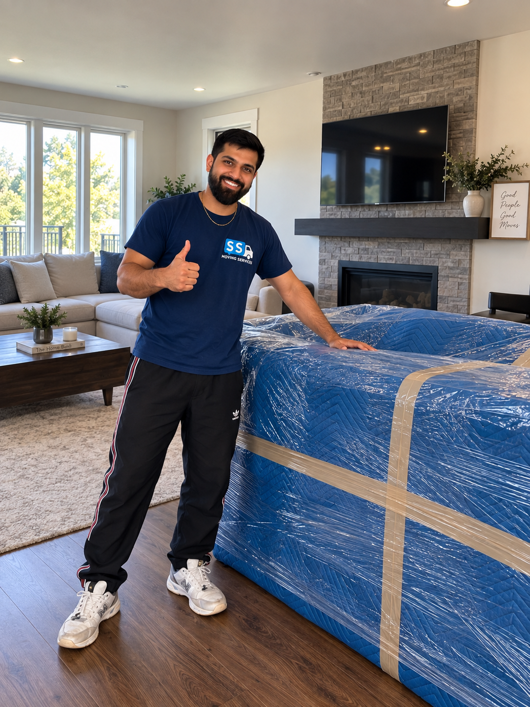 SS Moving crew member — thumbs up after wrapping furniture with care