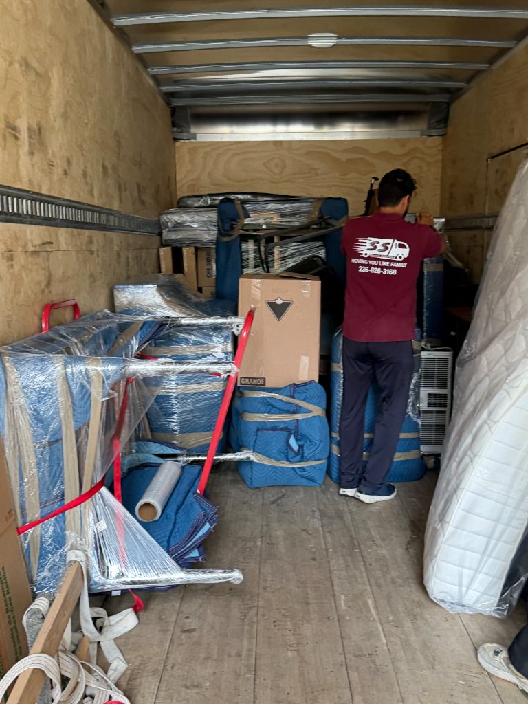 Crew member organizing the truck interior