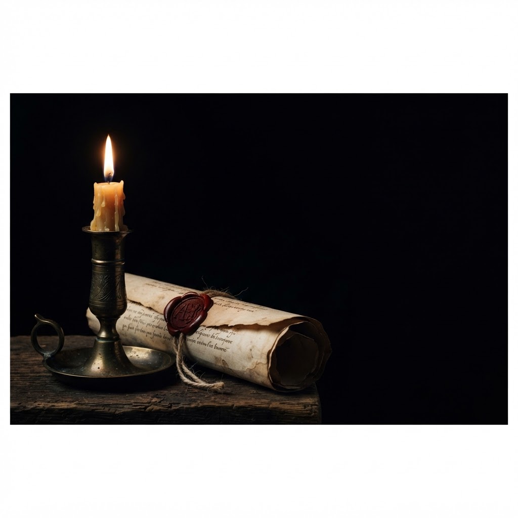 Candle and manuscript on black