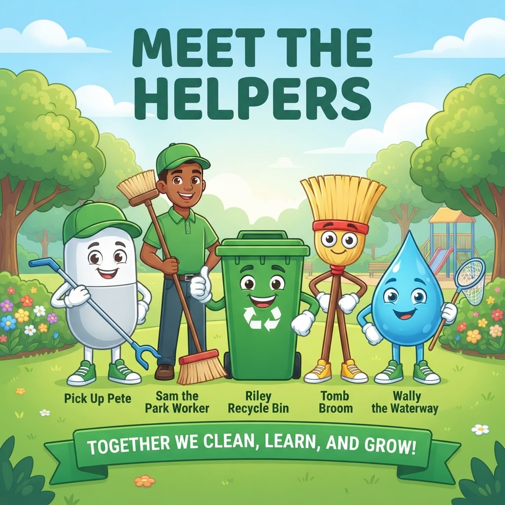 The Pick Up Pete team of helper characters standing together in a sunny park.
